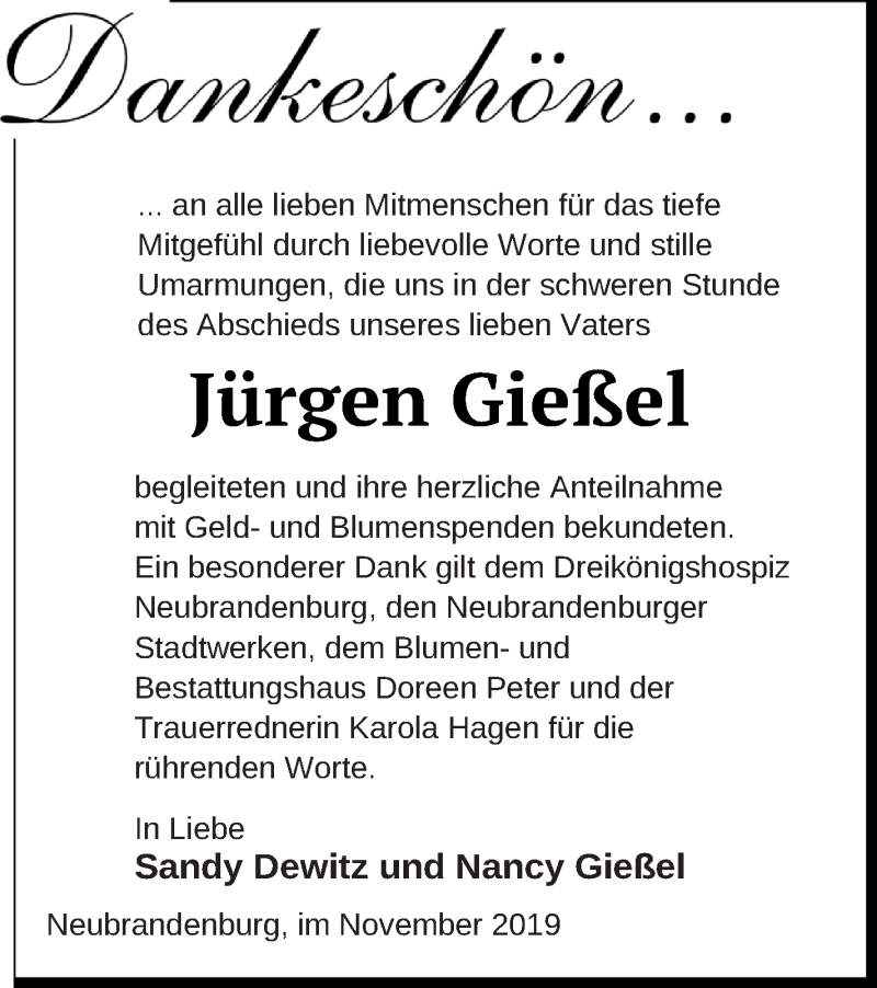  Traueranzeige für Jürgen Gießel vom 04.12.2019 aus Neubrandenburger Zeitung