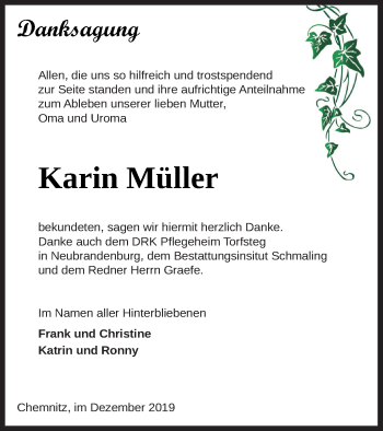 Traueranzeige von Karin Müller von Neubrandenburger Zeitung