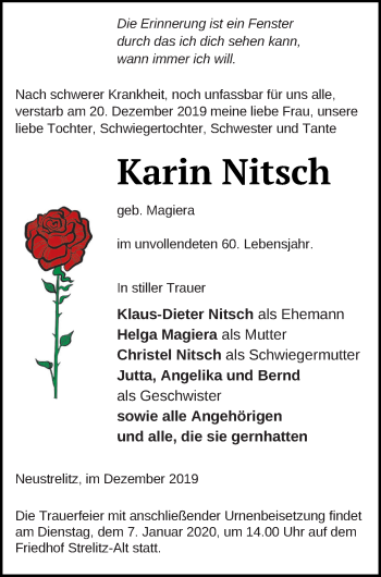 Traueranzeige von Karin Nitsch von Neubrandenburger Zeitung