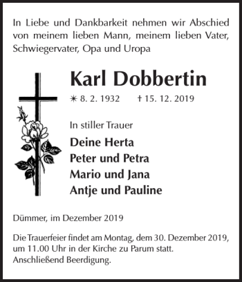 Traueranzeige von Karl Dobbertin von Zeitung für die Landeshauptstadt