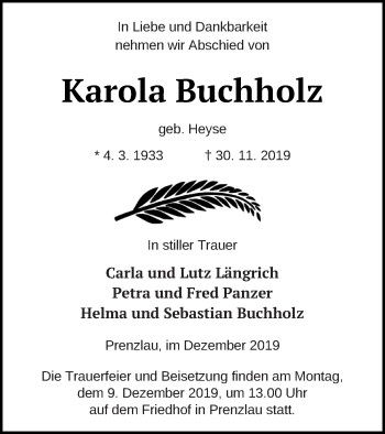 Traueranzeige von Karola Buchholz von Prenzlauer Zeitung