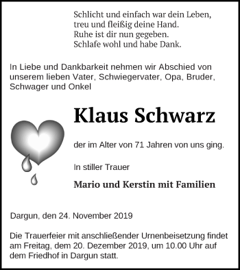 Traueranzeige von Klaus Schwarz von Mecklenburger Schweiz