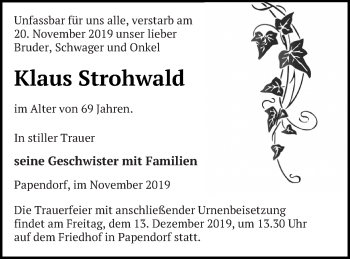 Traueranzeige von Klaus Strohwald von Pasewalker Zeitung