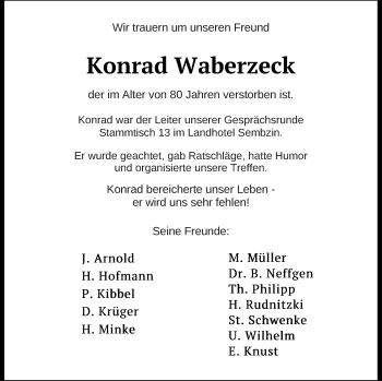 Traueranzeige von Konrad Waberzeck von Müritz-Zeitung