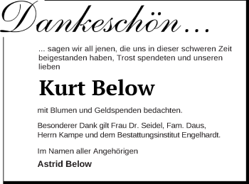 Traueranzeige von Kurt Below von Müritz-Zeitung