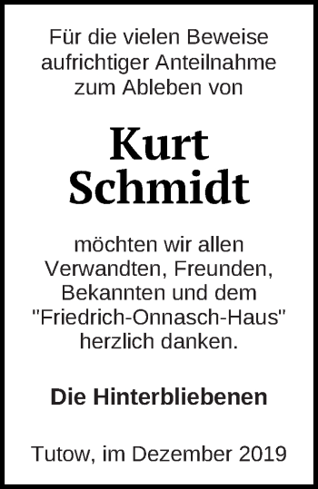 Traueranzeige von Kurt Schmidt von Vorpommern Kurier