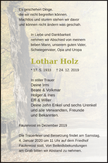 Traueranzeige von Lothar Holz von Mecklenburger Schweiz