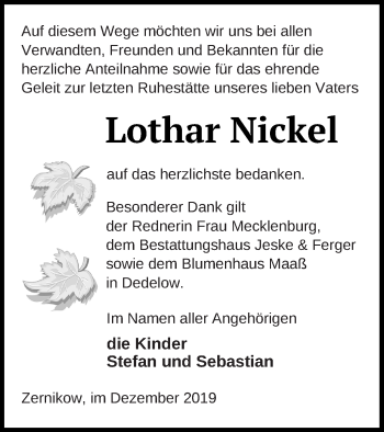 Traueranzeige von Lothar Nickel von Prenzlauer Zeitung