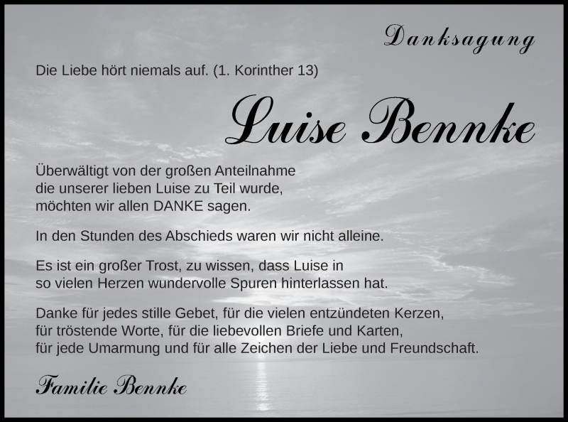 Traueranzeige für Luise Bennke vom 07.12.2019 aus Demminer Zeitung