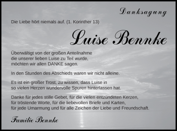 Traueranzeige von Luise Bennke von Demminer Zeitung