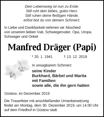 Traueranzeige von Manfred Dräger von Prenzlauer Zeitung