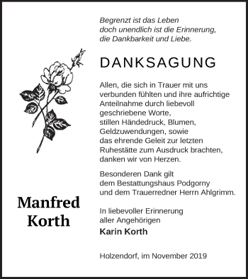 Traueranzeige von Manfred Korth von Strelitzer Zeitung