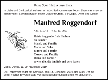 Traueranzeige von Manfred Roggendorf von Müritz-Zeitung