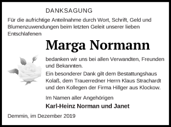 Traueranzeige von Marga Normann von Demminer Zeitung