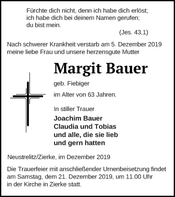 Traueranzeige von Margit Bauer von Strelitzer Zeitung