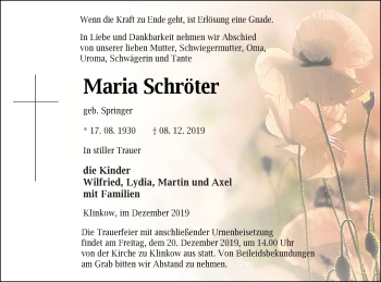 Traueranzeige von Maria Schröter von Prenzlauer Zeitung