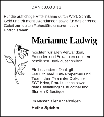 Traueranzeige von Marianne Ladwig von Vorpommern Kurier