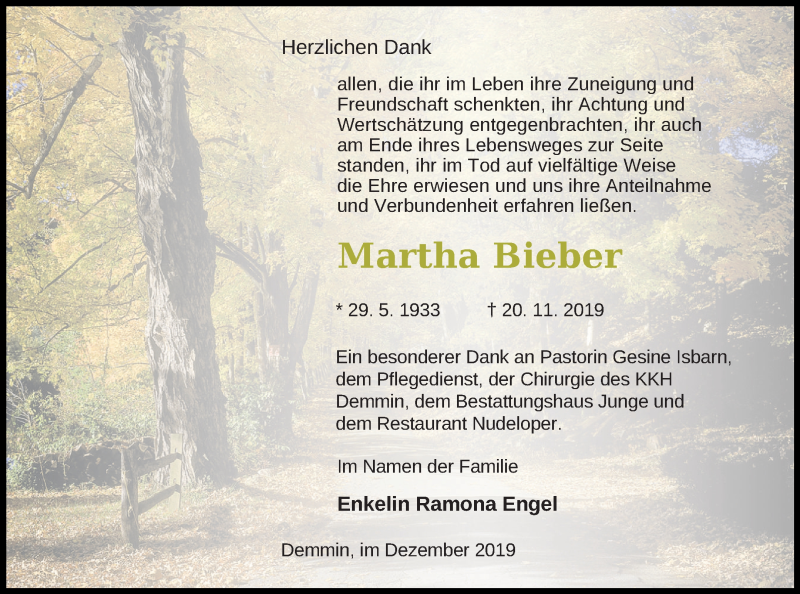  Traueranzeige für Martha Bieber vom 19.12.2019 aus Mecklenburger Schweiz