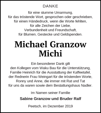 Traueranzeige von Michael Granzow von Strelitzer Zeitung