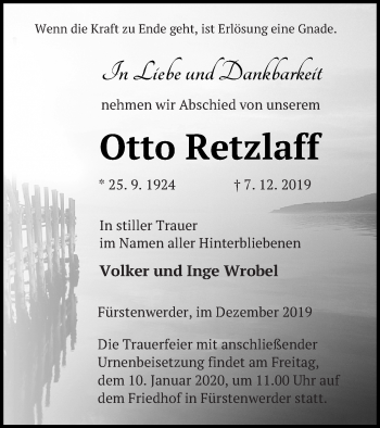 Traueranzeige von Otto Retzlaff von Prenzlauer Zeitung