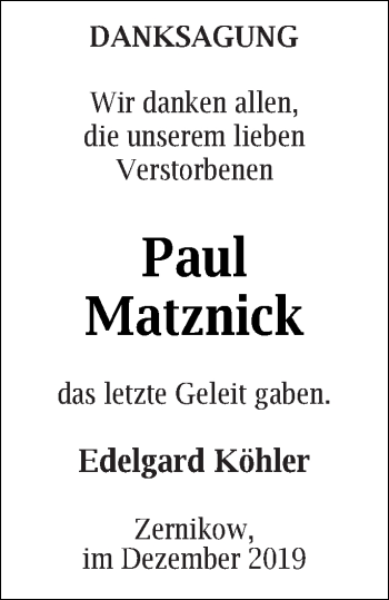 Traueranzeige von Paul Matznick von Prenzlauer Zeitung