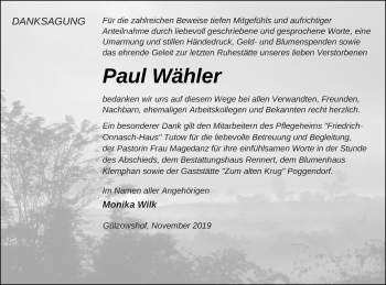 Traueranzeige von Paul Wähler von Vorpommern Kurier