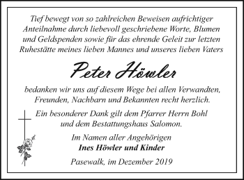 Traueranzeige von Peter Höwler von Pasewalker Zeitung