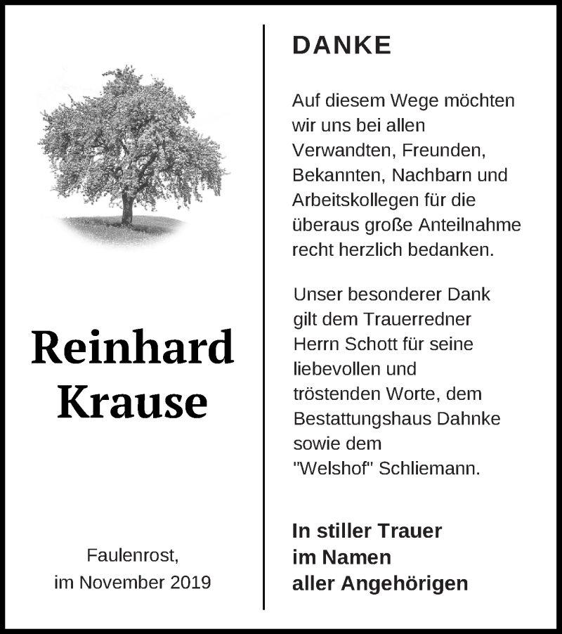  Traueranzeige für Reinhard Krause vom 11.12.2019 aus Mecklenburger Schweiz