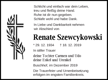 Traueranzeige von Renate Szewcykowski von Strelitzer Zeitung