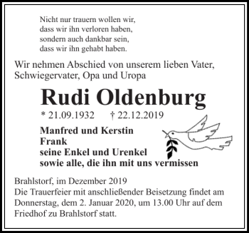 Traueranzeige von Rudi Oldenburg von Hagenower Kreisblatt