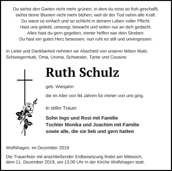 Traueranzeige von Ruth Schulz von Prenzlauer Zeitung