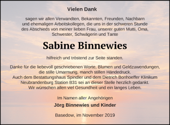 Traueranzeige von Sabine Binnewies von Mecklenburger Schweiz