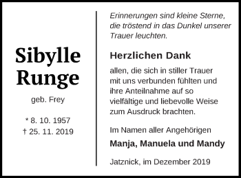 Traueranzeige von Sibylle Runge von Pasewalker Zeitung