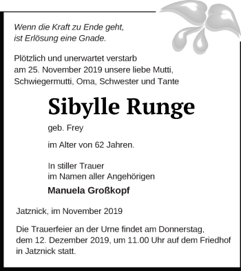 Traueranzeige von Sibylle Runge von Pasewalker Zeitung