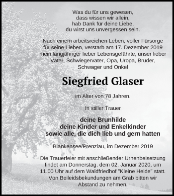 Traueranzeige von Siegfried Glaser von Strelitzer Zeitung