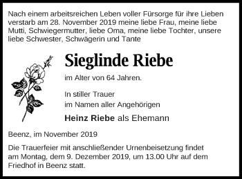 Traueranzeige von Sieglinde Riebe von Templiner Zeitung