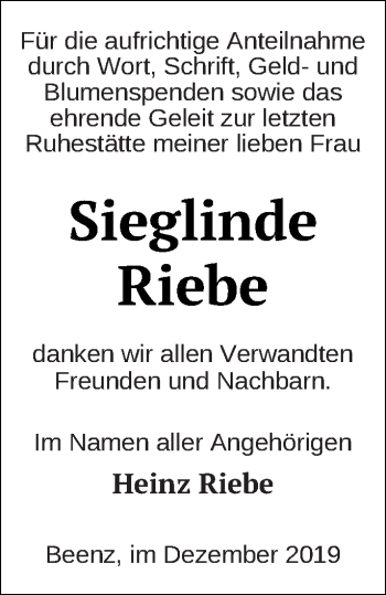 Traueranzeige von Sieglinde Riebe von Templiner Zeitung