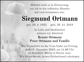 Traueranzeige von Siegmund Ortmann von Neubrandenburger Zeitung