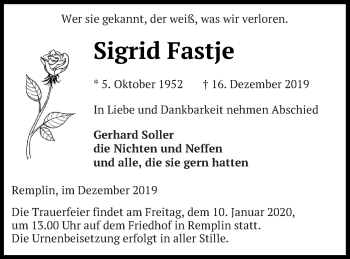 Traueranzeige von Sigrid Fastje von Mecklenburger Schweiz