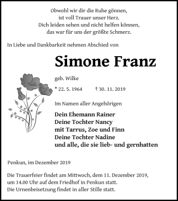 Traueranzeige von Simone Franz von Pasewalker Zeitung