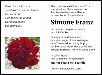 Traueranzeige von Simone Franz von Pasewalker Zeitung