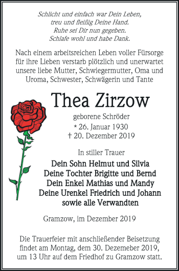 Traueranzeige von Thea Zirzow von Vorpommern Kurier