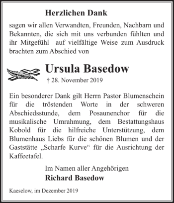 Traueranzeige von Ursula Basedow von Gadebusch-Rehnaer Zeitung