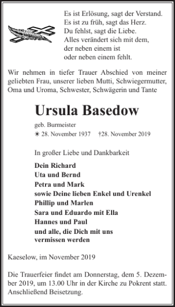 Traueranzeige von Ursula Basedow von Gadebusch-Rehnaer Zeitung