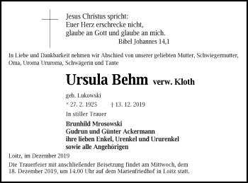 Traueranzeige von Ursula Behm von Vorpommern Kurier