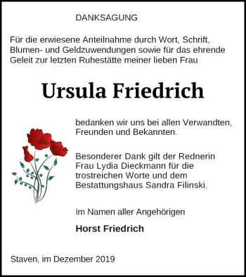 Traueranzeige von Ursula Friedrich von Neubrandenburger Zeitung