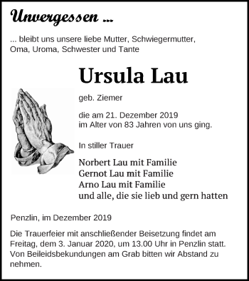 Traueranzeige von Ursula Lau von Müritz-Zeitung