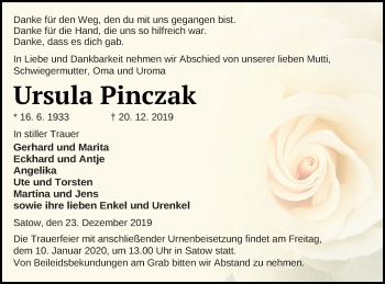 Traueranzeige von Ursula Pinczak von Müritz-Zeitung