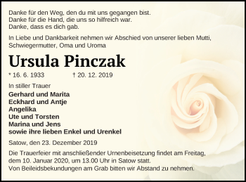 Traueranzeige von Ursula Pinczak von Müritz-Zeitung