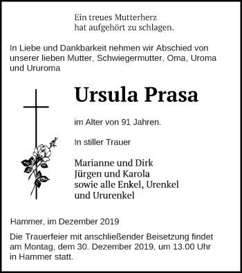 Traueranzeige von Ursula Prasa von Haff-Zeitung